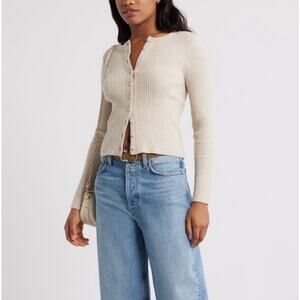 Active USA ribbed knit button down crew beige basic cardigan NWT sz M-L